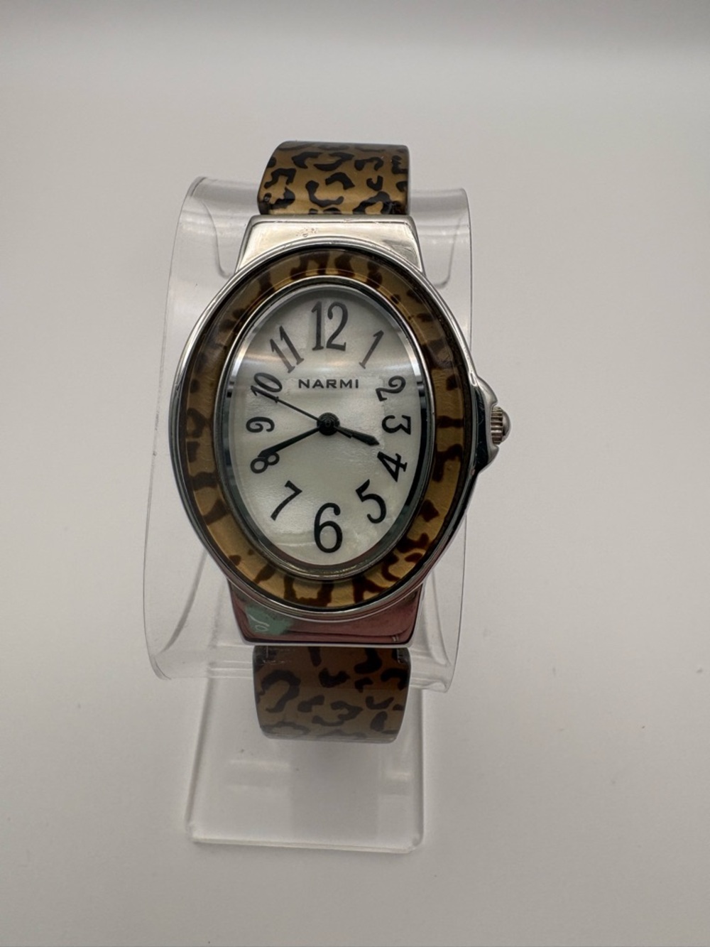 Narmi Leopard Print Oval Face Watch Bangle Cuff Bracelet‎ New Battery Works!